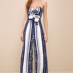 Lulus Delphi Blue And White Striped Tie-front Strapless Jumpsuit - Size XS